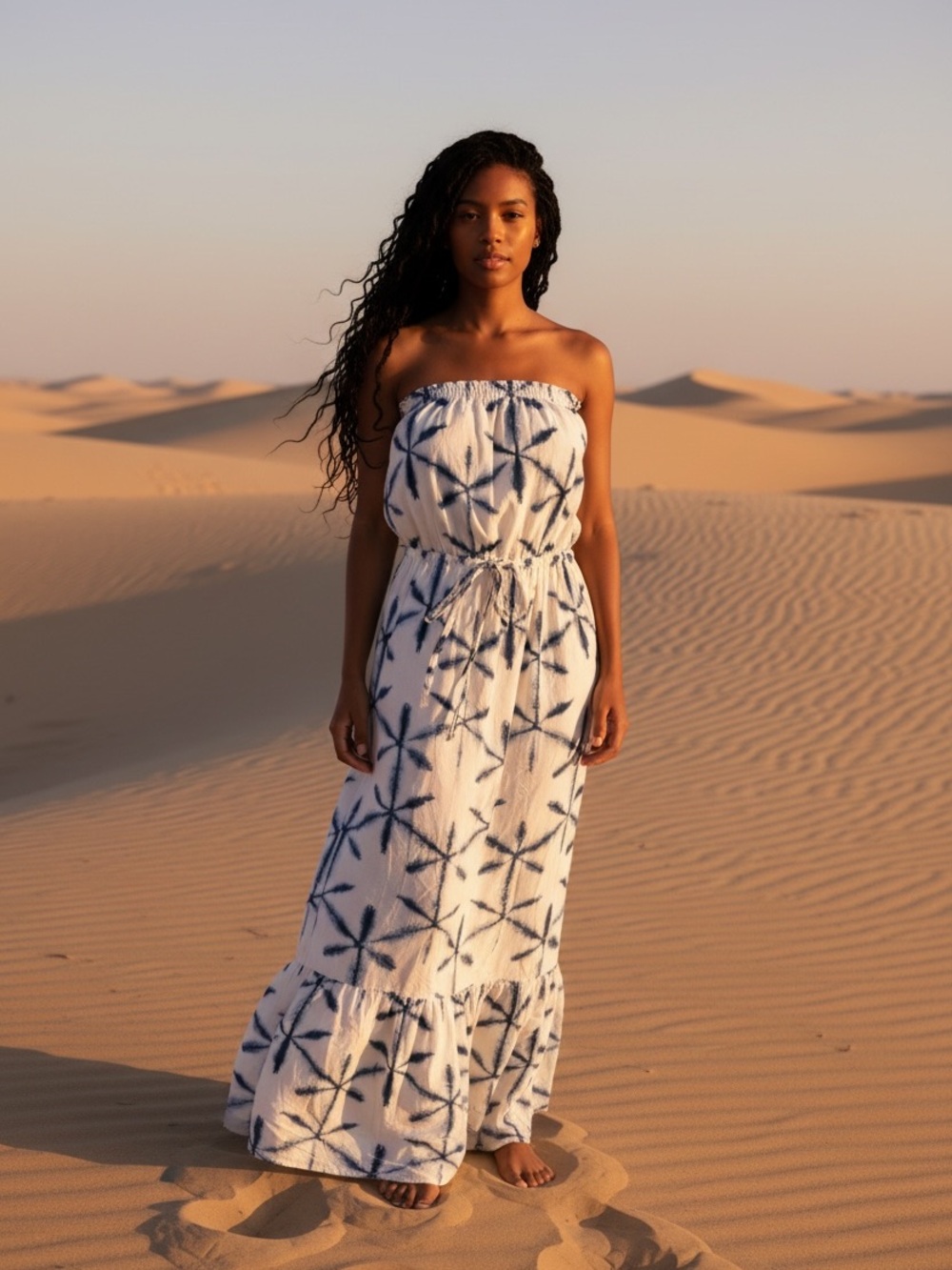 LOFT White Strapless Tie-Dye Maxi Dress with Blue Print